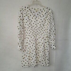 Lena White Floral Print Smocked Waist V Neck Long Sleeve Mini Dress Size M‎